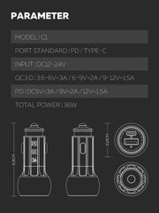 36W 2Ports(PD+QC3.0) Car Charger(C1)